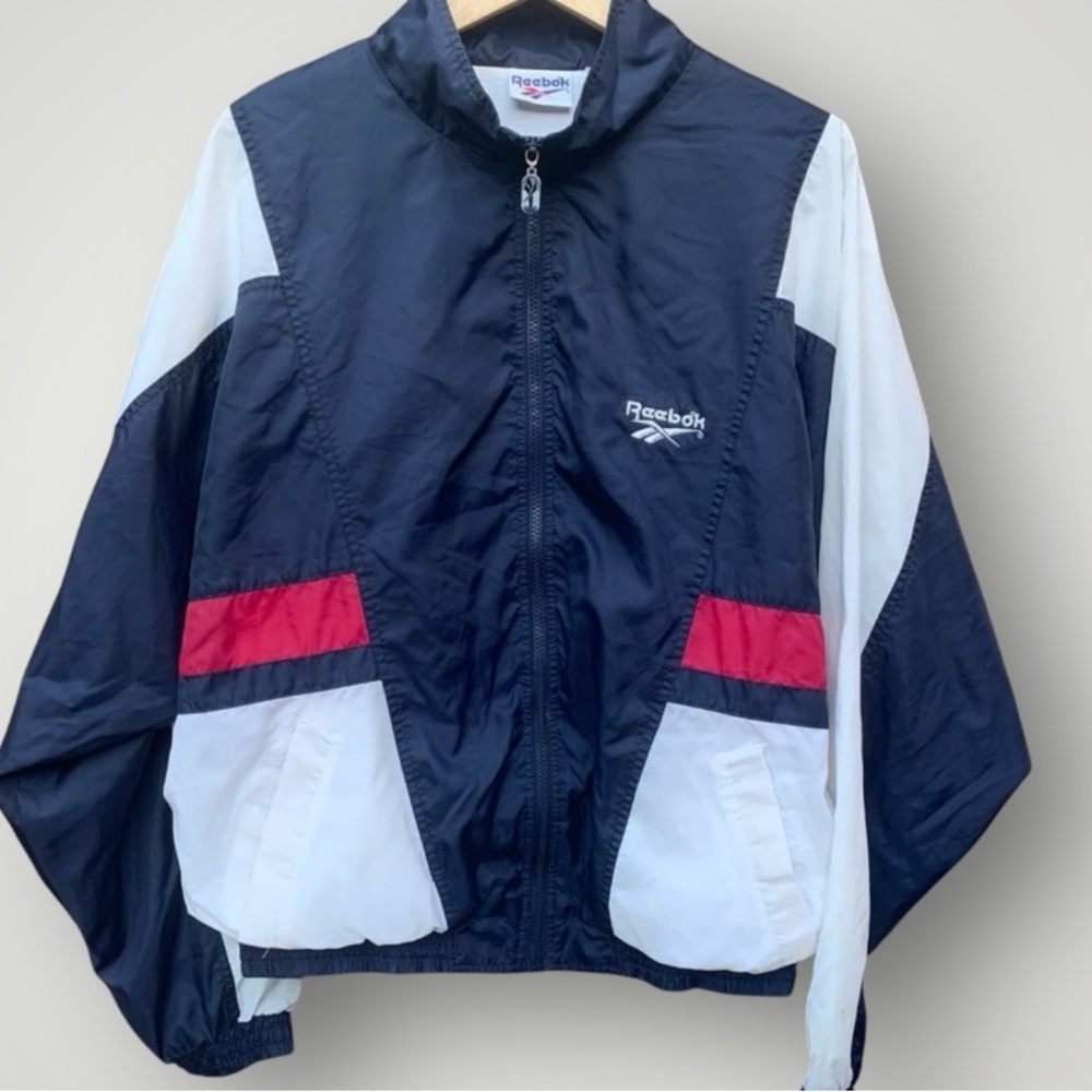 Vintage Reebok Red White Blue Zip Up Lined Tennis Trainer Track Jacket Size M
